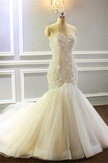 Sleeveless Tulle Pleated Bridal Gowns Mermaid Sweetheart Appliques Wedding Dresses