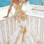 Gold Appliques Half Sleeve Cape Mermaid Bridal Gowns