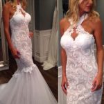 Halter Sleeveless Mermaid Wedding Dress with Lace Appliques and Long Train