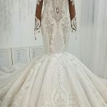 High Collar Tulle Applique Paillette Mermaid Wedding Dress Floor Length