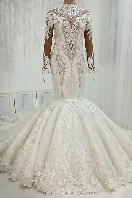 High Collar Tulle Applique Paillette Mermaid Wedding Dress Floor Length