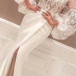 High Neck Lace Wedding Dress with Long Sleeves Satin Evening Party Dress