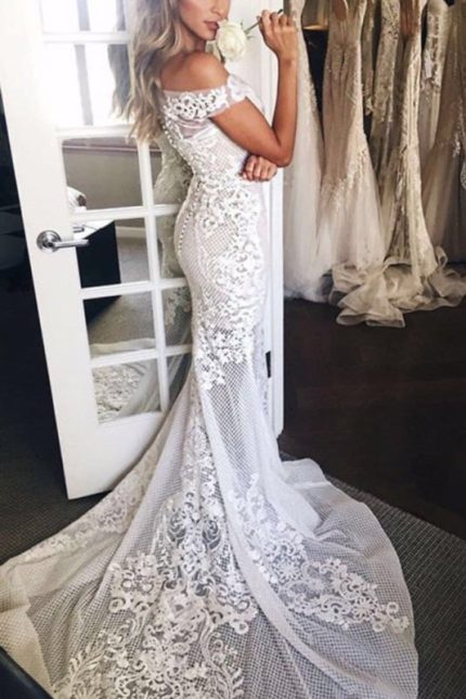 Sheer Mermaid Wedding Dress with Lace Appliques