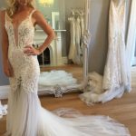 Beach Wedding Dress with Deep V-neck and Lace Appliques Mermaid Lace