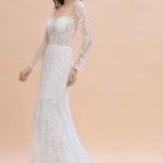 Sheer Tulle Wedding Dresses with Long Sleeve and Detachable Train Mermaid Lace
