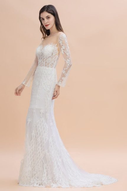 Sheer Tulle Wedding Dresses with Long Sleeve and Detachable Train Mermaid Lace
