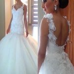 V Neck Tulle Wedding Dress with Sleeveless Lace Flowers Mermaid