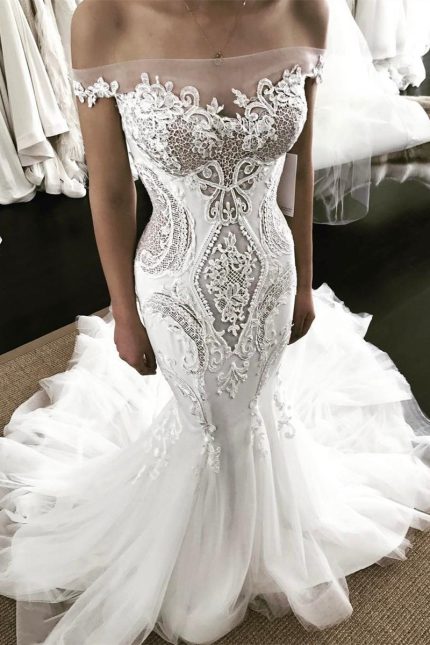 Sleeveless Tulle Applique Wedding Dress with Floor Length Off-the-shoulder Mermaid