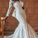 Round Collar Charmeuse Applique Mermaid Wedding Dress with Long Sleeves Backless