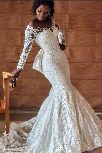 Round Collar Charmeuse Applique Mermaid Wedding Dress with Long Sleeves Backless