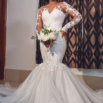 Round Collar Tulle Applique Mermaid Wedding Dress with Long Sleeves and Long Train