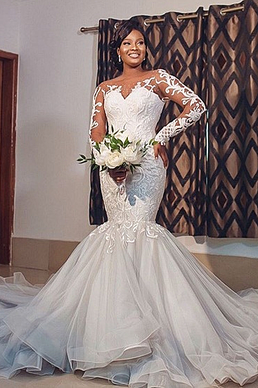 Round Collar Tulle Applique Mermaid Wedding Dress with Long Sleeves and Long Train