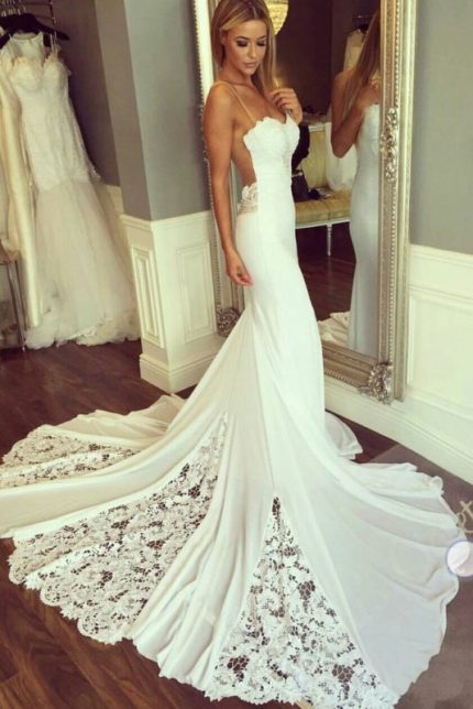 Sexy Sheer Neck Ivory Wedding Dress with Unique Lace Mermaid
