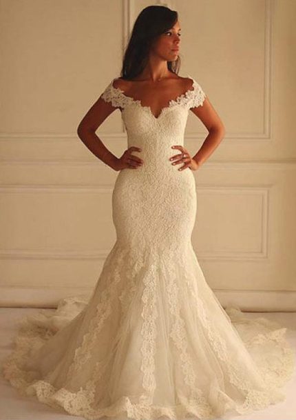 Chapel Train Lace Mermaid Wedding Dress Off Shoulder