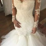 V Neck Lace Appliques Mermaid Wedding Dress with Sleeves