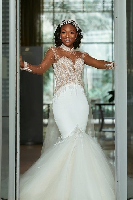 Small Round Collar Charmeuse Tulle Beaded Mermaid Wedding Dress Floor Length