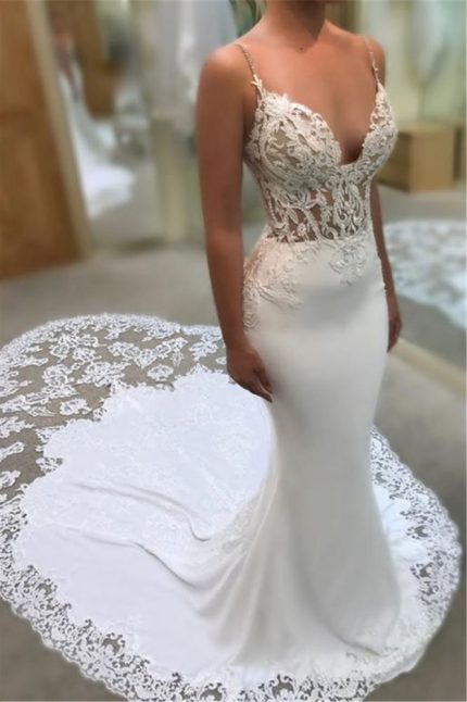 Spaghetti Sleeveless Appliqued Lace Court Train Wedding Dresses Mermaid