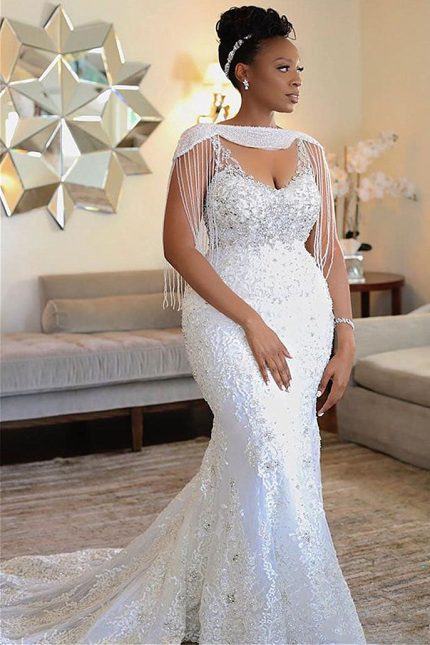 Spaghetti Strap Chiffon Beaded Mermaid Wedding Dress with Short Train