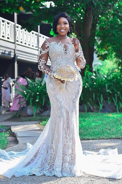 Strapless Chapel Train Mermaid Wedding Dress with Long Sleeves Tulle Lace Beading