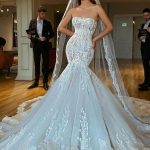 Strapless Chapel Train Backless Mermaid Wedding Dress with Tulle Lace Applique
