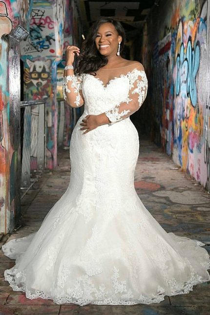 Sweetheart Long Sleeves Tulle Applique Mermaid Wedding Dress Floor Length