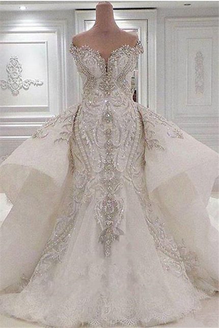 Sweetheart Wide Hem Tulle Beading Mermaid Wedding Dress Floor Length