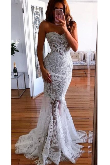 Sweetheart Long Lace Appliques Mermaid Wedding Dress Sexy