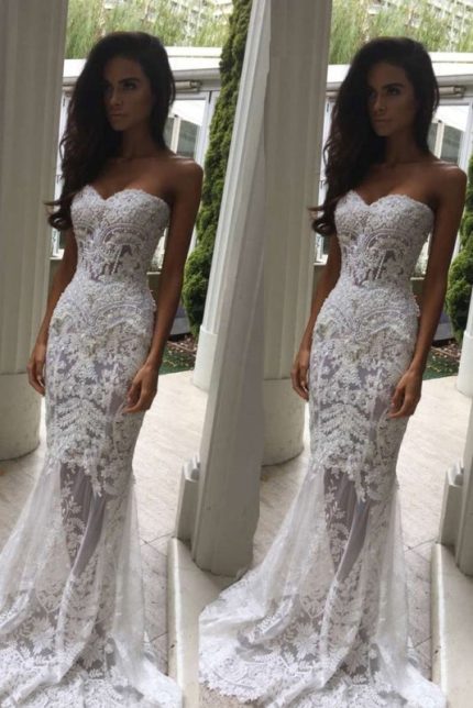Sweetheart Long Lace Strapless Mermaid Wedding Dress with Sweep Train