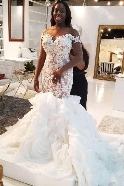 Sweetheart Long Train Backless Organza Applique Mermaid Wedding Dress Long Sleeves