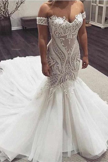 Sweetheart Long Train Tulle Applique Mermaid Wedding Dress