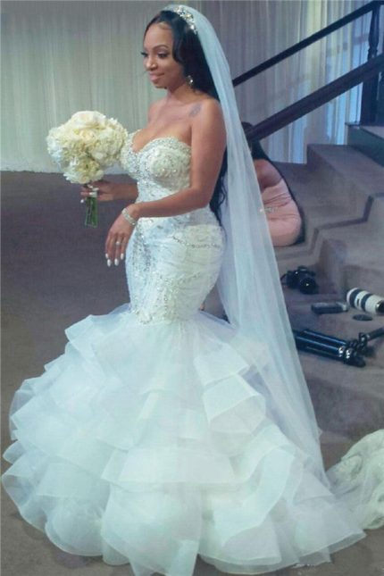Sweetheart Short Train Organza Paillette Applique Mermaid Wedding Dress
