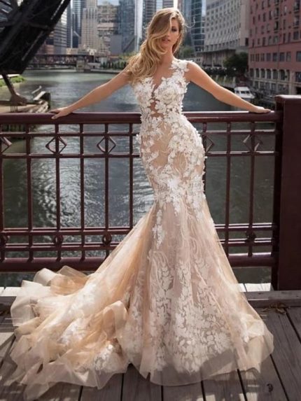 Trumpet Jewel Neck Chapel Train Lace Tulle Wedding Dresses with Regular Straps and Illusion Detail Backless Mermaid