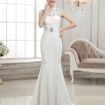 Trumpet Wedding Dresses with High Neck and Sweep Brush Train Lace Cap Sleeve Sexy Illusion Detail Backless Mermaid