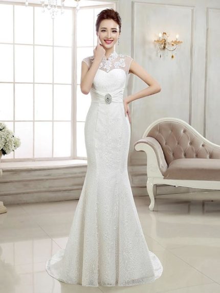 Trumpet Wedding Dresses with High Neck and Sweep Brush Train Lace Cap Sleeve Sexy Illusion Detail Backless Mermaid