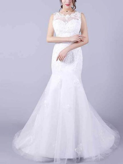 Trumpet Wedding Dresses with Jewel Neck and Floor Length Lace Sleeveless Casual Plus Size Mermaid