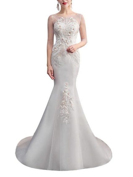 Trumpet Wedding Dresses with Jewel Neck Sweep Brush Train Lace Tulle and Half Sleeve Mermaid