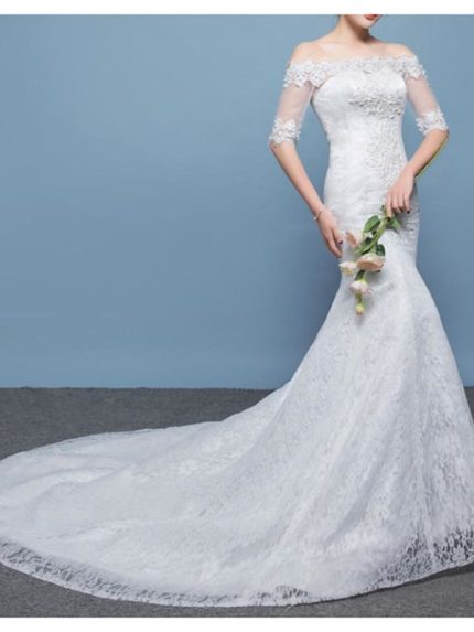 Trumpet Wedding Dresses with Off Shoulder Floor Length Lace Tulle Sleeveless Formal Plus Size Mermaid