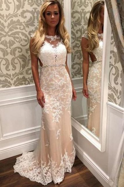 Tulle Beach White Lace Appliques Mermaid Wedding Dress