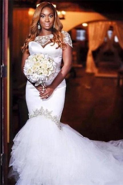 Tulle Beads Appliques Bridal Dresses Exquisite Short Sleeves Mermaid Wedding Dress