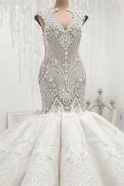 V-neck Backless Tulle Beading Applique Mermaid Wedding Dress Floor Length