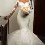 V-neck Long Sleeves Tulle Applique Mermaid Wedding Dress Floor Length