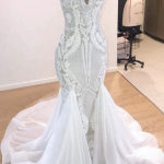 V-neck Sleeveless Tulle Applique Mermaid Wedding Dress Floor Length