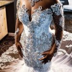 V-neck Mermaid Wedding Dress with Long Train and Beaded Tulle Applique