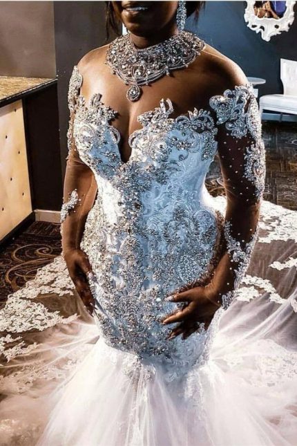 V-neck Mermaid Wedding Dress with Long Train and Beaded Tulle Applique