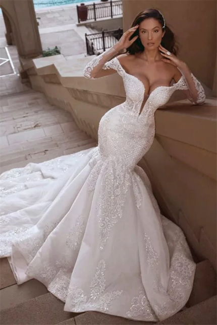 V-neck Off-the-shoulder Mermaid Wedding Dress with Long Train Organza Paillette Applique
