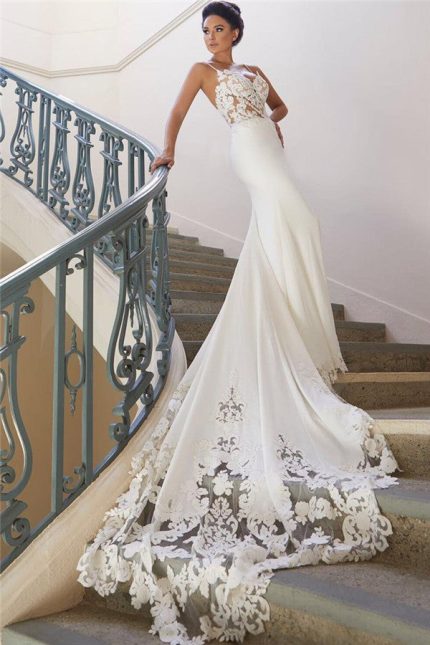 V-neck Spaghetti Strap Mermaid Wedding Dress with Chapel Chiffon and Crochet Flower