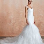Beaded V Neck Sleeveless Mermaid Bridal Gowns with Train
