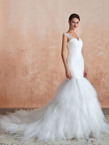 Beaded V Neck Sleeveless Mermaid Bridal Gowns with Train