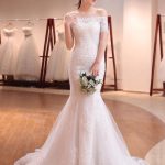 Lace Beading Off The Shoulder Short Sleeve Fishtail Ivory Bridal Gown with Train Mermaid Wedding Dresses