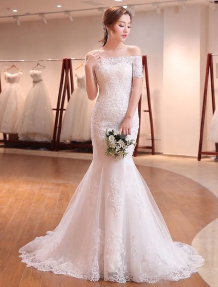 Lace Beading Off The Shoulder Short Sleeve Fishtail Ivory Bridal Gown with Train Mermaid Wedding Dresses